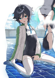 Rule 34 | 1boy, absurdres, alternate costume, black hair, blue eyes, blue hair, blush, braid, bulge, commentary, genshin impact, gradient hair, highres, jacket, kkopoli, long sleeves, male focus, multicolored hair, no shoes, open clothes, open jacket, pool, school swimsuit, short hair with long locks, sitting, solo, sweat, swimsuit, thighhighs, tongue, tongue out, track jacket, trap, twin braids, venti (genshin impact), wariza, white thighhighs