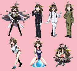 Rule 34 | 10s, 1girl, ahoge, black thighhighs, boots, brown hair, buruma, chibi, detached sleeves, double bun, gym uniform, hair bun, hairband, heart, heart in mouth, highres, japanese clothes, kantai collection, kongou (kancolle), long hair, looking at viewer, military, military uniform, nontraditional miko, one eye closed, open mouth, pleated skirt, school swimsuit, shiden (sashimi no wife), skirt, solo, swimsuit, thigh boots, thighhighs, tongue, tongue out, uniform, white thighhighs, zettai ryouiki