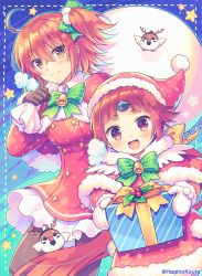 Rule 34 | 2girls, :d, alternate costume, animal, antlers, bell, benienma (fate), bird, blue outline, blush, bow, box, brown gloves, brown hair, brown legwear, capelet, christmas, closed mouth, commentary request, dress, fake antlers, fate/grand order, fate (series), frilled dress, frills, fujimaru ritsuka (female), fur-trimmed capelet, fur-trimmed headwear, fur-trimmed sleeves, fur trim, gift, gift box, gloves, green bow, hagino kouta, hat, highres, holding, holding gift, holding sack, horns, long sleeves, mittens, multiple girls, one side up, open mouth, outline, outstretched arms, pantyhose, red capelet, red dress, red eyes, red hair, red headwear, reindeer antlers, sack, santa costume, santa hat, smile, sparrow, star (symbol), striped, striped bow, twitter username, white mittens, yellow bow