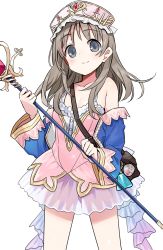 Rule 34 | 1girl, atelier (series), atelier totori, bag, brown hair, closed mouth, cowboy shot, grey eyes, handbag, hat, holding, holding staff, long hair, looking at viewer, shisoneri, simple background, skirt, smile, solo, staff, totooria helmold, white background, white skirt