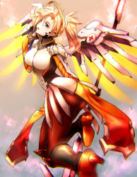 Rule 34 | 1girl, armor, ass, blonde hair, blue eyes, boobplate, boots, breastplate, breasts, commentary request, cross, faulds, finger to mouth, flying, full body, halo, high heel boots, high heels, holding, holding staff, lips, long hair, mechanical halo, mechanical wings, medium breasts, mercy (overwatch), nagare, overwatch, overwatch 1, pantyhose, pelvic curtain, ponytail, power suit, red cross, solo, spread wings, staff, wings, yellow wings