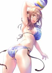 Rule 34 | 10s, 1girl, armpits, ass, ball, beach volleyball, bikini, blue bikini, breasts, brown eyes, brown hair, butt crack, cowboy shot, from behind, halterneck, harukana receive, highres, holding, holding ball, large breasts, long hair, looking back, mikasa sports, nagayori, o-ring, o-ring bikini, o-ring bottom, oozora haruka (harukana receive), playing sports, sideboob, simple background, solo, swimsuit, volleyball, volleyball (object), white background