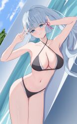 Rule 34 | 1girl, absurdres, ayaka (genshin impact), bare arms, bikini, black bikini, blue eyes, blue sky, blunt bangs, blush, breasts, cleavage, cloud, collarbone, commentary request, day, genshin impact, grey hair, grin, hair ornament, highres, layered bikini, long hair, looking at viewer, lying, medium breasts, on side, outdoors, pharmarr, pool, sky, smile, solo, stomach, swimsuit, v