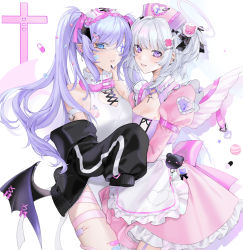 Rule 34 | 2girls, angel and devil, angel wings, apron, bandaid, bandaid on cheek, bandaid on face, black jacket, blood, blue eyes, breasts, cleavage, collar, corset piercing, cross, cuts, demon wings, dress, ear piercing, eyepatch, fang, frilled apron, frilled collar, frilled dress, frills, halo, hand on another&#039;s cheek, hand on another&#039;s face, hat, injury, jacket, jacket partially removed, juliet sleeves, large breasts, latin cross, long hair, long sleeves, maid, medium breasts, medium hair, multiple girls, nurse cap, original, piercing, pill, pink dress, pointy ears, puffy sleeves, purple eyes, purple hair, safety pin, saga666, silver hair, simple background, sleeves past fingers, sleeves past wrists, syringe, waist apron, white background, wings