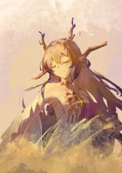 Rule 34 | 1girl, arknights, bare shoulders, blonde hair, brown hair, brown horns, brown theme, closed eyes, closed mouth, cowboy shot, dragon girl, dragon horns, hair between eyes, horns, jacket, jewelry, light smile, long sleeves, multicolored hair, necklace, off shoulder, open clothes, open jacket, plant, purple hair, purple horns, reach far away (viuooczy), shu (arknights), solo, standing, strapless, streaked hair, tube top, unfinished, white jacket, white tube top