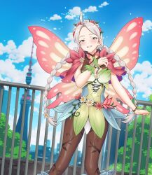 Rule 34 | 1girl, absurdres, ahoge, blue eyes, blue sky, blush, braid, brown pantyhose, bush, butterfly wings, capelet, cityscape, cloud, cloudy sky, commission, commissioner upload, fairy, fairy wings, fire emblem, fire emblem fates, fire emblem heroes, flower bracelet, gradient clothes, green bracelet, grey hair, hair vines, highres, igni tion, insect wings, leaf bracelet, low twin braids, low twintails, nina (fire emblem), nina (resplendent) (fire emblem), nintendo, non-web source, official alternate costume, pantyhose, parted bangs, pink capelet, sky, solo, twin braids, twintails, vine print, wings