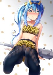 Rule 34 | 1girl, animal print, bandeau, bare shoulders, black hairband, black pantyhose, blue eyes, blue hair, blue nails, blush, breasts, closed mouth, club, club (weapon), collarbone, commentary request, dutch angle, fang, fang out, feet, fingernails, gradient background, grey background, gurande (g-size), hair between eyes, hair ornament, hairband, highres, horns, kanabou, long fingernails, nail polish, no shoes, nose blush, ooashi ran, original, pantyhose, print skirt, setsubun, sharp fingernails, side ponytail, sidelocks, sitting, skirt, small breasts, soles, solo, spiked club, star (symbol), star hair ornament, strapless, tiger print, v-shaped eyebrows, weapon, white background
