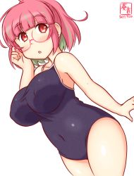 Rule 34 | 1girl, ahoge, artist logo, blue one-piece swimsuit, bob cut, breasts, commentary request, competition school swimsuit, covered navel, cowboy shot, dated, green hair, kanon (kurogane knights), kantai collection, large breasts, multicolored hair, one-hour drawing challenge, one-piece swimsuit, pink-framed eyewear, pink hair, ponytail, red eyes, school swimsuit, short hair, simple background, solo, streaked hair, swimsuit, ume (kancolle), white background