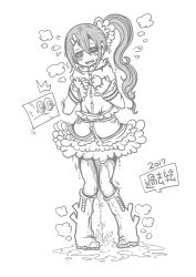 Rule 34 | 1girl, absurdres, amaoto (mizutamariaka), blush, boots, embarrassed, fang, female focus, flying sweatdrops, full body, greyscale, hair ornament, hairclip, half-closed eyes, hands up, have to pee, highres, japanese text, knee boots, knees together feet apart, long hair, long sleeves, looking down, monochrome, open mouth, original, peeing, peeing self, puddle, scrunchie, shirt, side ponytail, simple background, skirt, solo, standing, translation request, trembling, white background