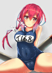Rule 34 | 1girl, blush, breasts, cameltoe, closed mouth, grey background, hair between eyes, highres, i-168 (kancolle), kantai collection, long hair, looking at viewer, medium breasts, one-piece swimsuit, red eyes, red hair, school swimsuit, simple background, solo, swimsuit, thighs, torpedo, unomi