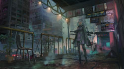 Rule 34 | 1girl, black footwear, black pantyhose, boots, building, chair, commentary request, denki, dress, floating city, glowing, glowing eyes, grey dress, grey jacket, jacket, looking at viewer, open clothes, open jacket, original, outdoors, pantyhose, railing, short dress, sign, silver hair, solo, standing, translation request, trash bag, yellow eyes