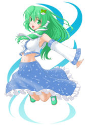 Rule 34 | 1girl, absurdres, armpits, breasts, detached sleeves, female focus, frog, full body, green eyes, green hair, hair ornament, highres, jumping, kochiya sanae, long hair, matching hair/eyes, midriff, navel, open mouth, outstretched arms, smile, snake, solo, t2r, touhou, white background