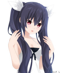 Rule 34 | 10s, 1girl, alternate costume, bare shoulders, black hair, blush, breasts, casual, cleavage, hair ornament, keenh, long hair, neptune (series), noire (neptunia), open mouth, red eyes, smile, solo, twintails