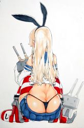 Rule 34 | 1girl, ass, back, black hairband, black panties, blonde hair, blue skirt, butt crack, commentary request, elbow gloves, from behind, gloves, grey background, hairband, highres, kantai collection, long hair, panties, rensouhou-chan, sabusupi, shimakaze (kancolle), simple background, skirt, squatting, striped clothes, striped thighhighs, thighhighs, traditional media, underwear, whale tail (clothing), white gloves