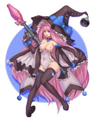 Rule 34 | 1girl, big hair, black gloves, black thighhighs, blue eyes, blunt bangs, breasts, cape, elbow gloves, gloves, hat, highres, leotard, long hair, nemo (leafnight), nipples, purple hair, rocket launcher, rpg (weapon), simple background, thighhighs, very long hair, weapon, witch, witch hat