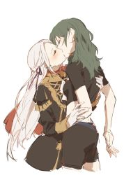 Rule 34 | 2girls, blush, byleth (female) (fire emblem), byleth (fire emblem), closed eyes, commentary request, edelgard von hresvelg, fire emblem, fire emblem: three houses, green hair, hair ribbon, hand on another&#039;s arm, hand on another&#039;s back, highres, kiss, light blush, long hair, mo (ine mao), multiple girls, nintendo, ribbon, simple background, white background, white hair, yuri