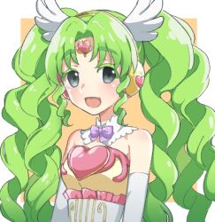 Rule 34 | 1girl, :d, bad id, bad twitter id, bare shoulders, colored eyelashes, detached collar, elbow gloves, falulu, falulu (awakened), forehead jewel, gloves, green hair, grey eyes, headphones, heart, idol clothes, long hair, looking at viewer, open mouth, parody, parted bangs, pretty series, pripara, shiyurinpu, sidelocks, smile, solo, style parody, twintails, upper body, watanabe akio (style), wing hair ornament