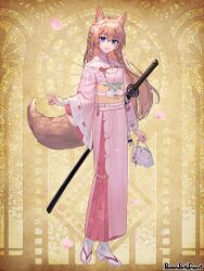 Rule 34 | 1girl, animal ears, arm at side, bag, braid, brown hair, copyright name, falling petals, flower, flower braid, flower ornament, fox ears, fox girl, fox tail, frilled sleeves, frills, full body, hair between eyes, hair flower, hair ornament, handbag, holding, holding bag, japanese clothes, katana, kimono, lace, lace-trimmed shirt, lace trim, long sleeves, looking at viewer, obi, oriti4, outstretched hand, pandora party project, parted lips, petals, pink flower, pink footwear, pink kimono, pinstripe kimono, purple eyes, sandals, sash, sheath, sheathed, shirt, side braids, smile, socks, solo, standing, striped clothes, striped kimono, sword, tabi, tail, weapon, white shirt, white socks, wide sleeves, yellow background, zouri