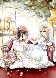 Rule 34 | 2girls, alternate costume, bad id, bad pixiv id, blonde hair, bouquet, braid, breasts, bridal veil, brown eyes, brown hair, cleavage, couch, couple, dress, flower, garland (decoration), gown, hair flower, hair ornament, hair over shoulder, holding hands, indoors, jewelry, kikuichi monji, kiss, kissing hand, lamp, light smile, long hair, looking at another, maribel hearn, multiple girls, necklace, on couch, purple eyes, ring, short hair, side braid, sleeveless, sleeveless dress, smile, streamers, touhou, tree, usami renko, veil, wedding band, wedding dress, wife and wife, yuri