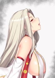 Rule 34 | 1girl, aster crowley, bare shoulders, blush, breast curtains, breasts, detached sleeves, dress of heaven, fate/grand order, fate (series), highres, irisviel von einzbern, irisviel von einzbern (caster), large breasts, long hair, looking at viewer, navel, open mouth, red eyes, solo, white hair