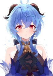 Rule 34 | 1girl, ahoge, backlighting, bad id, bad pixiv id, bell, black bodysuit, black gloves, blue hair, blush, bodysuit, breasts, chacha rw, commentary, cowbell, detached sleeves, fingers together, ganyu (genshin impact), genshin impact, gloves, goat horns, hair between eyes, horns, light blue hair, long hair, looking at viewer, medium breasts, neck bell, own hands together, parted lips, red eyes, simple background, snowflakes, solo, upper body, white background