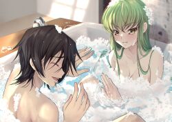 Rule 34 | 1boy, 1girl, ^ ^, absurdres, bare shoulders, bathtub, black hair, blush, breasts, budgiepon, c.c., cleavage, closed eyes, code geass, commentary, completely nude, convenient censoring, couple, crossed bangs, day, eyelashes, eyes visible through hair, green hair, grin, hair between eyes, hair over shoulder, hetero, highres, indoors, lelouch vi britannia, long hair, looking at another, medium breasts, mixed-sex bathing, nude, open mouth, partially submerged, profile, same-sex bathing, shared bathing, short hair, sidelighting, smile, soap bubbles, soap censor, spiked hair, splashing, straight hair, teeth, upper teeth only, v-shaped eyebrows, water, water drop, wet, wet hair, yellow eyes