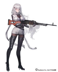 Rule 34 | 1girl, ammunition, ammunition belt, bear hair ornament, belt, between breasts, black footwear, black gloves, black pantyhose, blazer, blush, bodystocking, boots, breast hold, breasts, covered erect nipples, dress, eyebrows, finger on trigger, full body, girls&#039; frontline, gloves, gun, hair between eyes, hair ornament, hair over one eye, head tilt, high heel boots, high heels, holding, holding gun, holding weapon, impossible clothes, jacket, kishiyo, large breasts, long hair, looking at viewer, machine gun, magazine (weapon), necktie, necktie between breasts, nose, official art, pantyhose, parted lips, pk (girls&#039; frontline), pk machine gun, pkm, pleated dress, red eyes, scarf, short dress, solo, standing, strap, thigh boots, thighhighs, transparent background, very long hair, weapon, white background, white dress, white hair, white scarf