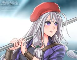 Rule 34 | 1girl, alyssa l&#039;salle, artist name, black dress, character name, copyright name, cosmic star heroine, dress, hat, jacket, long coat, long hair, purple eyes, signature, silver hair, simple background, solo, staff, weapon, white background