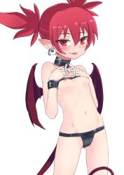 Rule 34 | 1girl, bad id, bad twitter id, bare shoulders, belt, belt buckle, black belt, black choker, black panties, blush, breasts, buckle, choker, closed mouth, clothes lift, collarbone, cowboy shot, demon girl, demon tail, disgaea, earrings, etna (disgaea), eyebrows, eyes visible through hair, gluteal fold, groin, hair between eyes, hands on own chest, hands up, hip bones, inactive account, jewelry, legs apart, lifted by self, makai senki disgaea, midriff, navel, o-ring, o-ring choker, panties, pointy ears, red eyes, red hair, red wings, ribs, short hair, short twintails, simple background, skull, skull earrings, small breasts, solo, standing, stomach, suga saru, tail, tongue, tongue out, tsurime, twintails, underwear, white background, wings