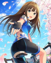 Rule 34 | 10s, 1girl, artist request, ass, bicycle, bike jersey, bike shorts, brown hair, cherry blossoms, earrings, fingerless gloves, gloves, green eyes, idolmaster, idolmaster cinderella girls, jewelry, long hair, looking back, necklace, official art, outstretched hand, petals, shibuya rin, smile, solo