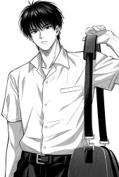 Rule 34 | 1boy, arm up, bag, belt, closed mouth, collarbone, collared shirt, cowboy shot, greyscale, highres, looking at viewer, male focus, monochrome, pants, rukawa kaede, school uniform, shirt, short hair, shoulder bag, simple background, slam dunk (series), solo, standing, vaw88zzz