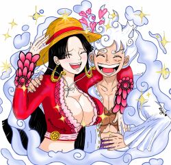 Rule 34 | 1boy, 1girl, alternate form, artist name, black hair, boa hancock, closed eyes, cloud hair, commentary, curly eyebrows, curly hair, earrings, english commentary, facial scar, gear fifth, hat, highres, hug, jewelry, long hair, marimoxcurly, monkey d. luffy, one piece, open clothes, open mouth, scar, scar on cheek, scar on chest, scar on face, short hair, smile, snake earrings, straw hat, teeth, white hair