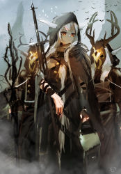 Rule 34 | 1girl, 2others, absurdres, arknights, bird, brown eyes, cloak, commentary request, day, expressionless, feet out of frame, hair between eyes, highres, holding, holding staff, horns, long hair, mo ne, multiple others, outdoors, shining (arknights), sidelocks, silver hair, staff