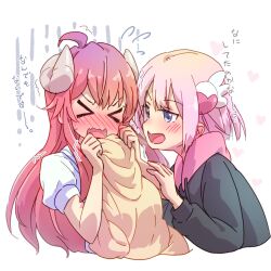 Rule 34 | &gt; &lt;, 2girls, ahoge, black hoodie, blue eyes, blush, bob cut, brown hair, chiyoda momo, commentary request, cropped torso, curled horns, demon girl, demon horns, embarrassed, fang, flying sweatdrops, full-face blush, hair between eyes, hands up, highres, holding, holding clothes, hood, hoodie, horns, icorasama, jitome, leaning forward, long hair, long sleeves, machikado mazoku, multiple girls, open mouth, partial commentary, pink hair, puffy short sleeves, puffy sleeves, shirt, short hair, short sleeves, simple background, skin fang, translated, trembling, upper body, v-shaped eyebrows, white background, white shirt, wing hair ornament, yellow hoodie, yoshida yuuko (machikado mazoku)