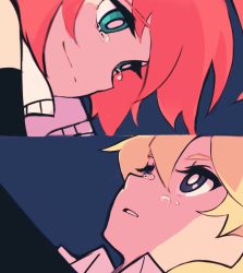 Rule 34 | 1boy, 1girl, 9 2fc, alpha omega nova, aqua eyes, bad id, bad twitter id, blonde hair, blue background, blue eyes, creator connection, cropped jacket, crying, crying with eyes open, elbow gloves, gloves, luluco, panty &amp; stocking with garterbelt, parody, red hair, short hair, simple background, smile, split screen, spoilers, tears, trigger-chan, uchuu patrol luluco