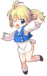 Rule 34 | 1girl, blonde hair, blue eyes, blue vest, blush, brown footwear, commentary request, dress, emurin, full body, hair bobbles, hair ornament, looking at viewer, one eye closed, one side up, open mouth, presia zenoskis, shoes, short dress, short hair, simple background, smile, socks, solo, super robot wars, super robot wars the lord of elemental, vest, white background, white dress, white socks