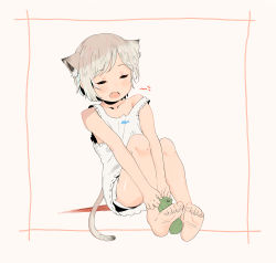 Rule 34 | 1girl, absurdres, animal ear fluff, animal ears, animal print, arm between legs, bare arms, bare shoulders, barefoot, beige background, between legs, blush, cat ears, cat girl, cat print, cat tail, closed eyes, collarbone, crosshatching, dot nose, extra ears, facing viewer, fang, feet, fish print, full body, hand between legs, hatching (texture), highres, holding, holding clothes, holding legwear, knees up, linear hatching, nekopantsu (blt), nose blush, open mouth, original, outside border, outstretched arms, pajamas, shiny skin, short hair, short shorts, shorts, silver hair, simple background, sitting, sleepwear, sleeveless, unworn socks, soles, solo, strap slip, swept bangs, tail, tank top, toe scrunch, toenails, toes, u u, white pajamas, white shorts, white tank top, yawning