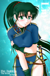 Rule 34 | 1girl, breasts, character name, copyright name, covered erect nipples, fire emblem, fire emblem: the blazing blade, gloves, green eyes, green hair, hissaa (starlight express), katana, large breasts, long hair, lyn (fire emblem), matching hair/eyes, nintendo, ponytail, solo, sword, weapon
