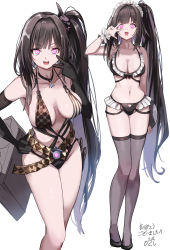 Rule 34 | 1girl, :d, absurdres, architect (girls&#039; frontline), architect (nvw model) (girls&#039; frontline), bare shoulders, bikini, black bikini, black footwear, black gloves, black hair, breasts, cleavage, collarbone, commentary request, elbow gloves, frilled bikini, frills, girls&#039; frontline, gloves, glowing, glowing eyes, grey thighhighs, hair intakes, hand on own hip, highres, holding, holding tray, long hair, medium breasts, multiple views, navel, one side up, open mouth, pizzasi, purple eyes, shoes, signature, simple background, smile, standing, swimsuit, thighhighs, tray, v-shaped eyebrows, v over eye, very long hair, white background, wrist cuffs