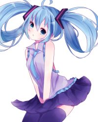Rule 34 | 1girl, ahoge, alternate hairstyle, bad id, bad pixiv id, blue eyes, blue hair, hatsune miku, highres, long hair, matching hair/eyes, motsuni (lxxe1120), necktie, simple background, skirt, solo, thighhighs, twintails, vocaloid, white background