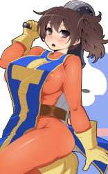 Rule 34 | 10s, 1girl, blue tabard, blush, bodysuit, breasts, brown hair, covered erect nipples, dragon quest, dragon quest iii, gloves, hanauna, highres, kaga (kancolle), kantai collection, large breasts, nipples, open mouth, personification, priest (dq3), short hair, side ponytail, sideboob, tabard