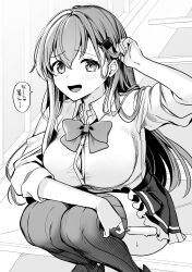 Rule 34 | 1girl, absurdres, blush, bow, bowtie, breasts, duplicate, food, frilled skirt, frills, hair between eyes, hair ornament, hairclip, highres, hot, kantai collection, large breasts, long hair, long sleeves, looking at viewer, monochrome, open mouth, pixel-perfect duplicate, pleated skirt, popsicle, school uniform, shirt, simple background, sitting, sitting on stairs, skirt, smile, solo, speech bubble, stairs, suzuya (kancolle), sweatdrop, thighhighs, translation request, yunamaro