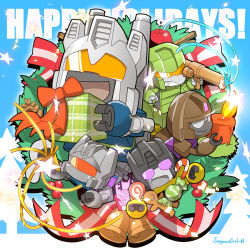 Rule 34 | 1980s (style), 5boys, bad id, bad pixiv id, bell, blast off (transformers), blue background, box, brawl (transformers), candle, candy, candy cane, cannon, christmas, christmas ornaments, christmas tree, combaticon, decepticon, english text, fire, food, fur trim, gift, gift box, glowing, grin, gun, insignia, looking at viewer, merry christmas, multiple boys, no humans, oldschool, onslaught (transformers), open mouth, orange eyes, personification, purple eyes, red eyes, retro artstyle, ribbon, sergeantctrln, smile, star (symbol), swindle (transformers), transformers, vortex (transformers), weapon, white eyes