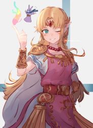 Rule 34 | 1girl, blonde hair, blue eyes, bracer, circlet, commentary, dress, english commentary, hair ornament, hand on own hip, highres, index finger raised, jewelry, long hair, looking at viewer, na (oagenosuke), necklace, nintendo, one eye closed, parted bangs, pearl necklace, pink dress, pointy ears, princess zelda, ravio, revision, short sleeves, simple background, smile, solo, standing, super smash bros., the legend of zelda, the legend of zelda: a link between worlds, very long hair