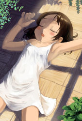 Rule 34 | 1girl, arm up, armpits, blush, brown hair, child, dress, closed eyes, from above, lying, on back, on floor, shirane taito, sleeping, solo, strap slip, sundress