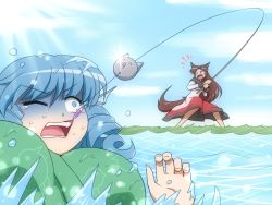 Rule 34 | 2girls, ^ ^, ^q^, animal ears, blue eyes, blue hair, blue sky, brown hair, cloud, day, fangs, fins, fishing, fishing line, fishing rod, head fins, homoo..., imaizumi kagerou, long sleeves, multiple girls, one eye closed, open mouth, outdoors, red eyes, shirosato, shirt, skirt, sky, sun, tail, tears, touhou, wakasagihime, water, wide-eyed, wide sleeves, wink, wolf ears, wolf tail