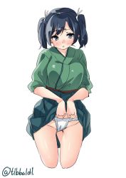 Rule 34 | 10s, 1girl, bad id, bad twitter id, black eyes, black hair, blush, clothes lift, cowboy shot, cropped legs, ebifurya, fundoshi, green skirt, groin, highres, inactive account, japanese clothes, kantai collection, lifted by self, looking at viewer, open mouth, pleated skirt, simple background, skirt, skirt lift, solo, souryuu (kancolle), twintails, twitter username, white background