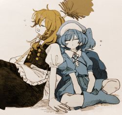 Rule 34 | 2girls, apron, blonde hair, blue hair, blue theme, boots, bow, braid, buttons, closed mouth, double-breasted, drooling, closed eyes, fingernails, graphite (medium), hair bow, indian style, ka (marukogedago), kawashiro nitori, kirisame marisa, mixed media, mouth drool, multiple girls, multiple monochrome, puffy short sleeves, puffy sleeves, rubber boots, saliva, saliva trail, short sleeves, side braid, sitting, skirt, sleeping, sleeping upright, touhou, traditional media, vest, waist apron, yellow theme