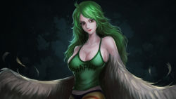 Rule 34 | 1girl, breasts, donquixote pirates, female focus, gradient background, green hair, harpy, lt, monet (one piece), monster girl, one piece, solo