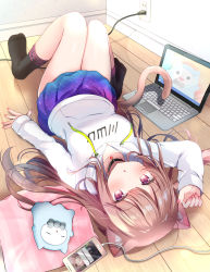 Rule 34 | 1girl, :o, animal ear fluff, animal ears, arm up, black socks, blue skirt, brown hair, cat ears, cat girl, cat tail, cellphone, commentary request, computer, full body, highres, hood, hood down, hoodie, indoors, laptop, long hair, long sleeves, looking at viewer, lying, masayo (gin no ame), nail polish, no shoes, on back, on floor, original, parted lips, phone, pink nails, red eyes, skirt, sleeves past wrists, socks, solo, tail, very long hair, white hoodie, wooden floor